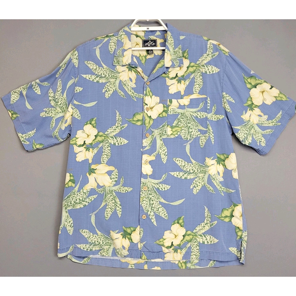 Bermuda Bay 100% Silk Shirt Mens L Blue Hawaiian Buttons Floral Short‎ Sleeve